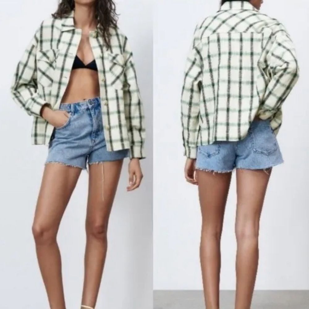 NWT Zara oversized shacket jacket plaid beige black white XS Button Up Size XS